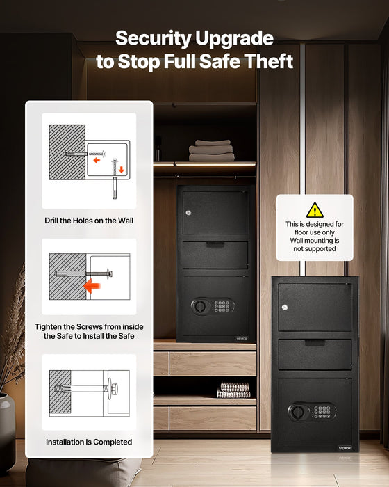 VEVOR 3.6 Cubic Feet Drop Safe, Large Capacity Front Drop Slot Safe Box with Digital Keypad, Heavy Duty 3 Tiers Cash Depository Box with Spare Keys for Cash, Bank Slip, Jewelry, Document, Bill, Black