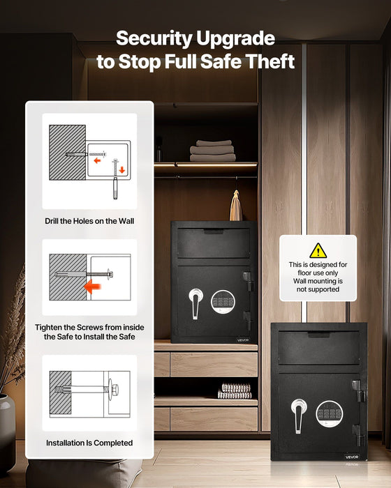 1.2 Cubic Feet Drop Safe, Large Capacity Front Drop Slot Safe Box with Digital Keypad, Heavy Duty 2 Tiers Cash Depository Box with Spare Keys for Cash, Bank Slip, Jewelry, Document, Bill, Black
