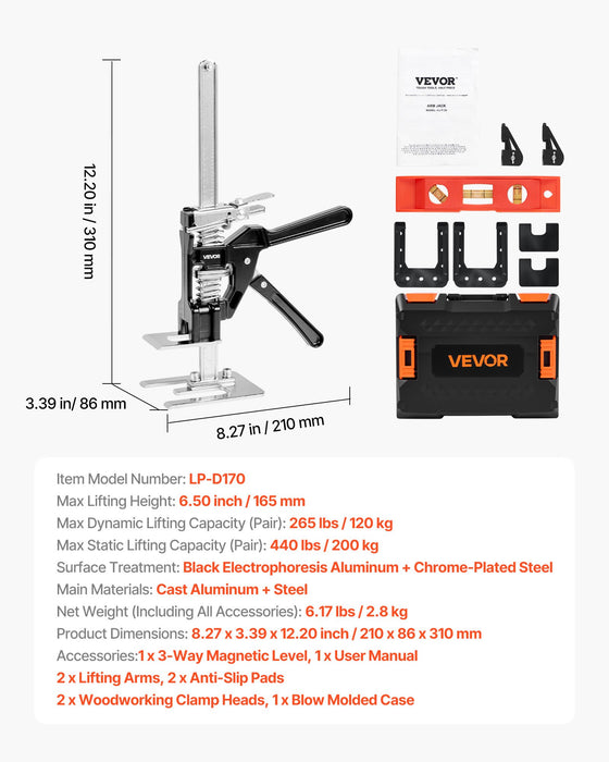 VEVOR Labor Saving Arm Jack, 2 PCS 200 kg Bearing Capacity, Lifting up to 165 mm, Metal Hand Lifting Jack Tool with Magnetic Level, 2 Adjustment Modes, for Door, Window, Furniture, Woodworking, Black