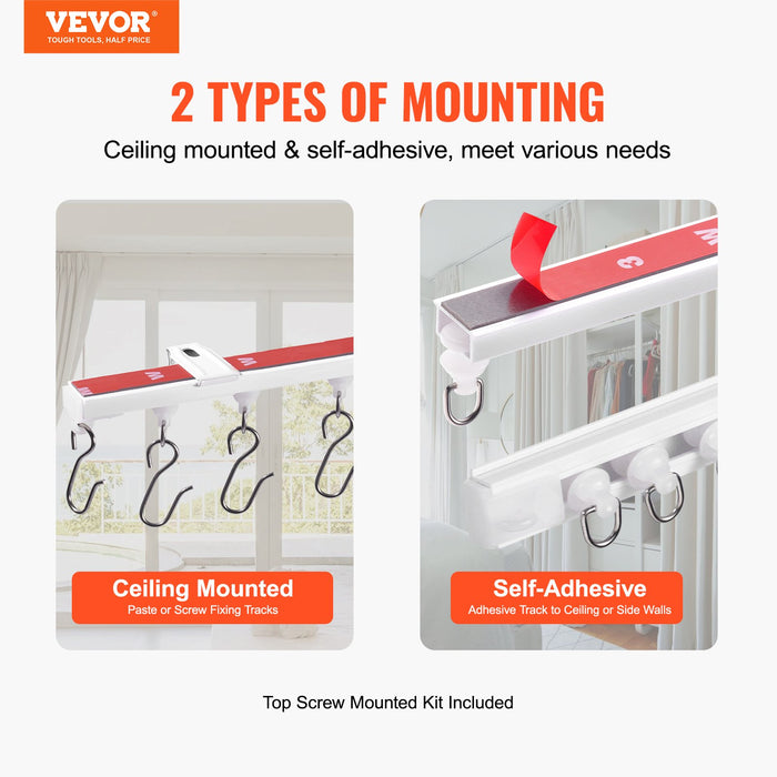 VEVOR Ceiling Curtain Track Set, 9.9 FT/3 Meter, Self Adhesive, No Drill Ceiling Track System for Curtains, Room Divider Curtain Track Ceiling Mounted for Living Room with Hooks and Hardware, White