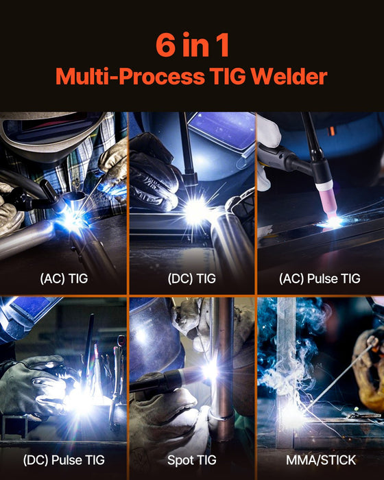 VEVOR TIG Welder, 200A 6-In-1 Aluminum Welding Machine (LED Display) - AC TIG/DC TIG/AC Pulse TIG/DC Pulse TIG/Spot TIG/MMA(Stick), Electric Welder with Synergic Control IGBT