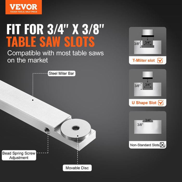 VEVOR Precision Miter Gauge, Standard Slot 3/4'' x 3/8'', Aluminum Alloy Table Saw Miter Gauge with 19-35 in Grating 15 Angle Stops Adjustable Spring Loaded Plunger and Removable Disc, for Woodworking