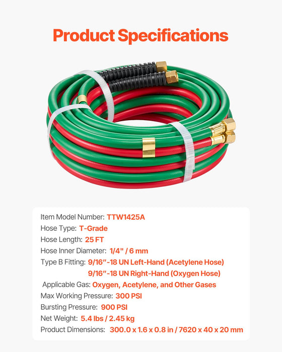 VEVOR Oxygen Acetylene Hose, 1/4-Inch x 25FT Oxy Acetylene Hose with 9/16"-18 B Fitting, 300PSI T Grade Welding Cutting Torch Twin Hose, Compatible with Oxygen, Acetylene, Propane and Other Fuel Gases
