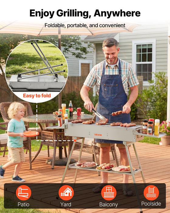 Foldable Charcoal Grill, 0.16 m² Portable Charcoal Barbecue Grill with Liftable Charcoal Tray & Side Tables, Brushed Stainless Steel BBQ Cooking Grills for Outdoor Camping Backyard Parties