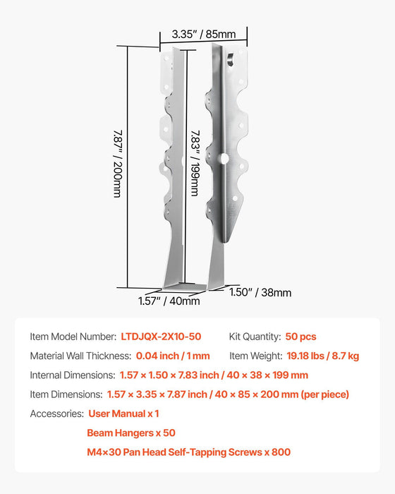 50 Pcs Joist Hanger, Inner Dimensions 1.57 x 1.50 x 7.83 inch / 40 x 38 x 199 mm, Rafter Hurricane Ties Joist Hangers with Rustproof Coating, Tie Brackets for Floor Deck and Ceiling Trusses