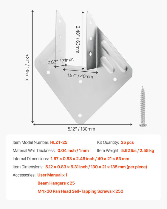 Hurricane Ties for Rafter, Inner Size 5.31x1.57x2.48 in / 135x40x63 mm, Heavy Duty Hurricane Straps, Heavy Duty Rafter Ties Brackets Joist Hangers for Roof Beam Wooden Construction, 25 Pcs