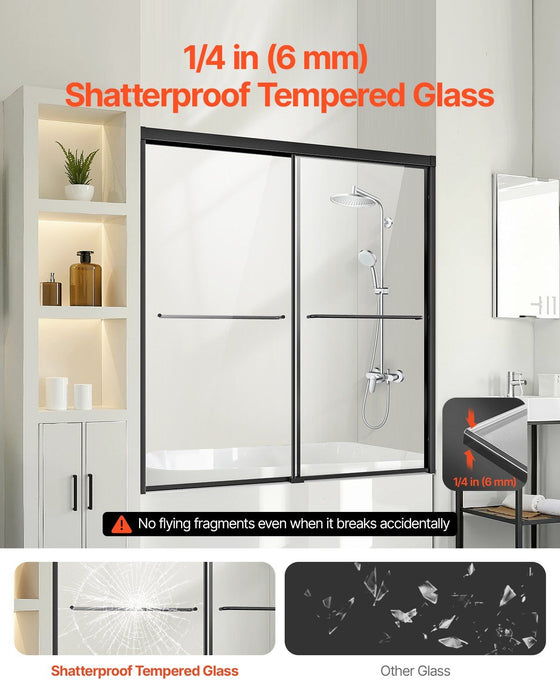 Bathtub Shower Door, 1422-1524 mm x 1524 mm, Semi-Frameless Double Sliding Tub Door, Semi-Frameless Bypass Tub Door with 1/4 in Shatterproof Tempered Glass and Stainless Steel Handle, Black