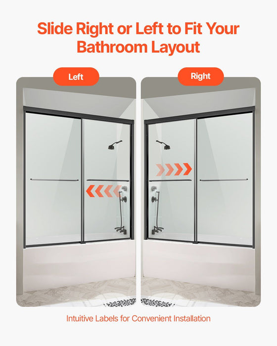 Bathtub Shower Door, 1422-1524 mm x 1524 mm, Semi-Frameless Double Sliding Tub Door, Semi-Frameless Bypass Tub Door with 1/4 in Shatterproof Tempered Glass and Stainless Steel Handle, Black