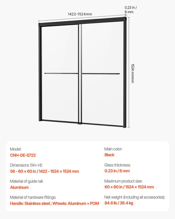 Bathtub Shower Door, 1422-1524 mm x 1524 mm, Semi-Frameless Double Sliding Tub Door, Semi-Frameless Bypass Tub Door with 1/4 in Shatterproof Tempered Glass and Stainless Steel Handle, Black