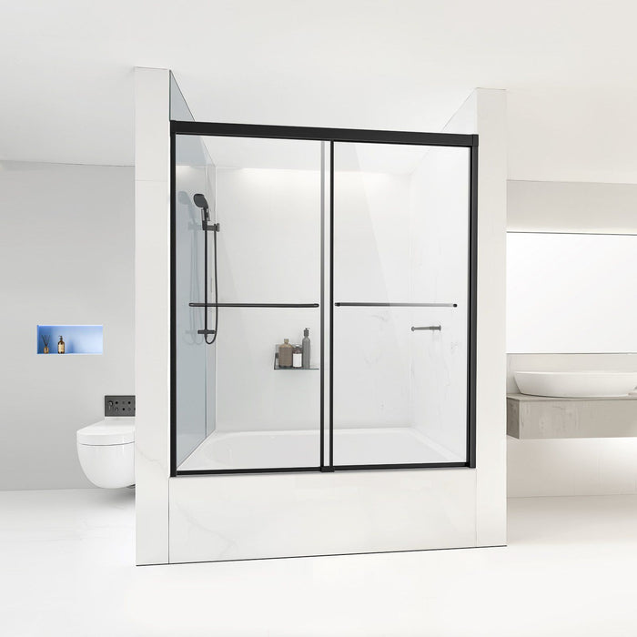 Bathtub Shower Door, 1422-1524 mm x 1524 mm, Semi-Frameless Double Sliding Tub Door, Semi-Frameless Bypass Tub Door with 1/4 in Shatterproof Tempered Glass and Stainless Steel Handle, Black