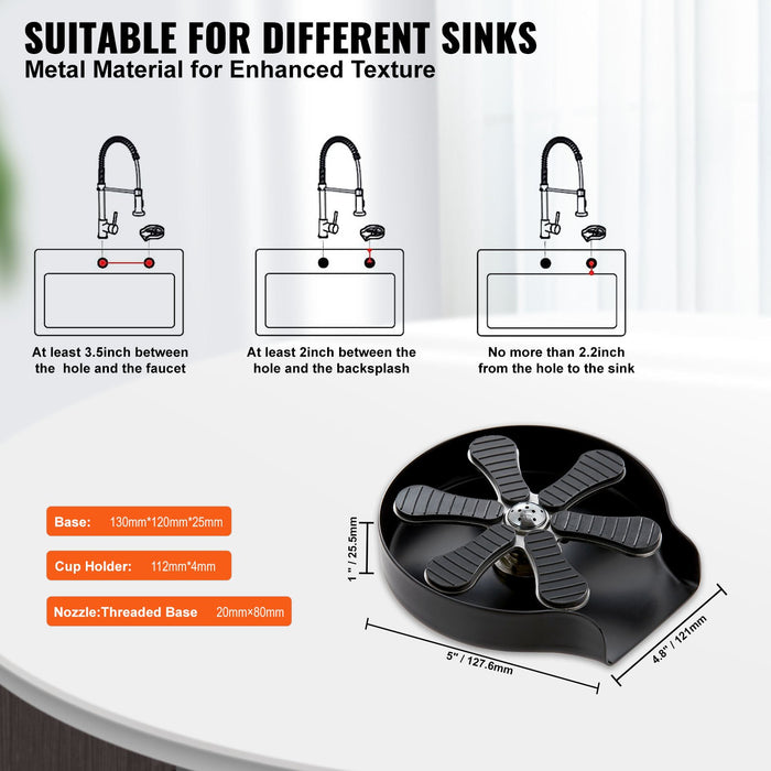 VEVOR Glass Rinser, 10 Powerful Spraying Jets Rotating Cup Rinser for Sink, 304 Stainless Steel Faucet Cup Washer & Silicone Nonslip Pad for Baby Bottle, Glass Cup, Wine Glass (Matte Black Base)