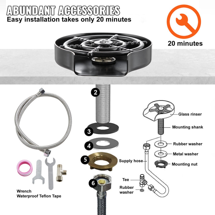 VEVOR Glass Rinser 10-Hole 360 Rotating Stainless Steel Washer ABS Cup Holder