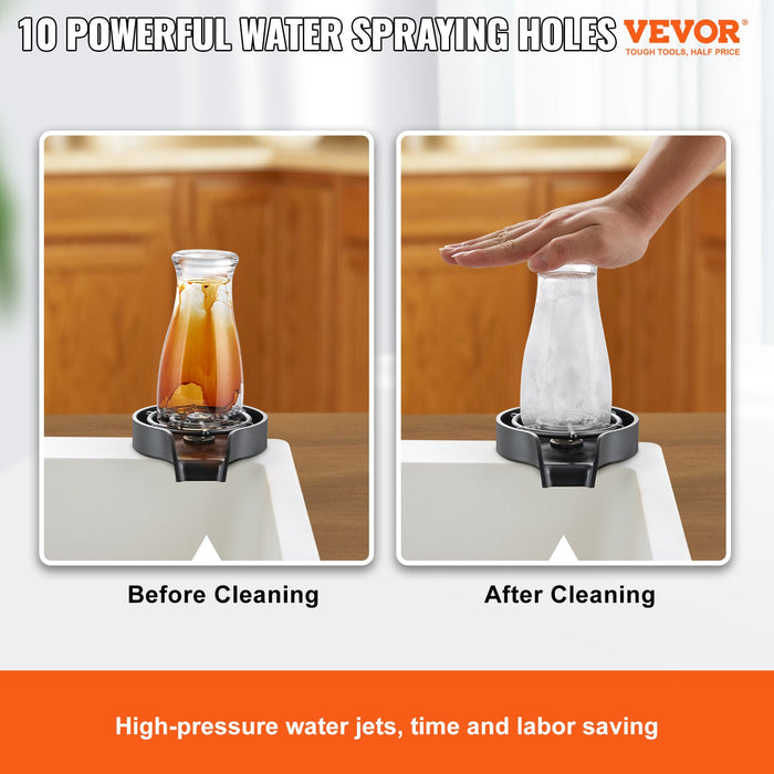 VEVOR Glass Rinser, 10 Powerful Spraying Jets Rotating Cup Rinser for Sink, Wearproof ABS Kitchen Sink Faucet Cup Washer & ABS Cup Holder for Baby Bottle, Glass Cup, Wine Glass (Black Base)