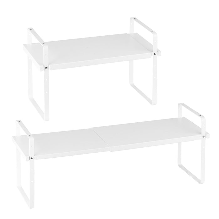 Adjustable Kitchen Cabinet Shelf Organizer, Expandable 2 Tier Cabinet Shelf, Stackable Countertop Organizers and Storage Shelf Risers, Pantry Organizers for Kitchen Bathroom Office, White