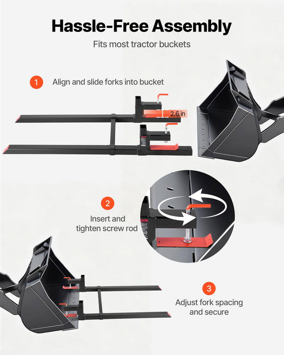 Pallet Forks, 907 kg Clamp on Pallet Forks, 149 cm Total Length Heavy-Duty Tractor Fork with Adjustable Stabilizer Bar for Tractor Attachments, Loader Bucket, and Skid Steer, Black