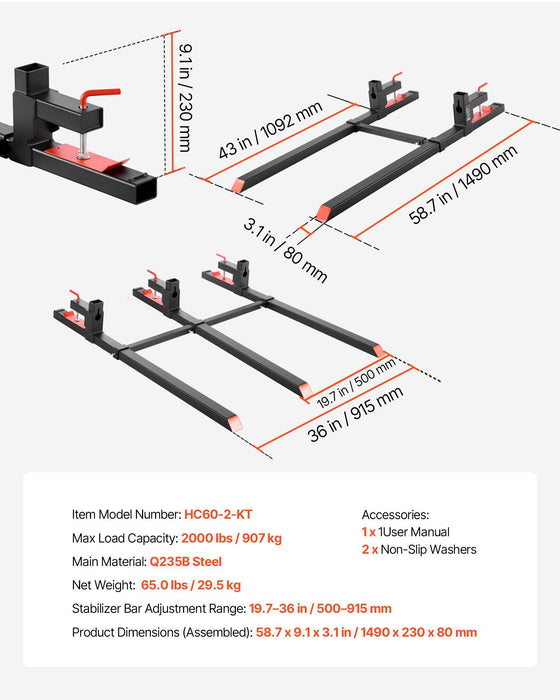 Pallet Forks, 907 kg Clamp on Pallet Forks, 149 cm Total Length Heavy-Duty Tractor Fork with Adjustable Stabilizer Bar for Tractor Attachments, Loader Bucket, and Skid Steer, Black
