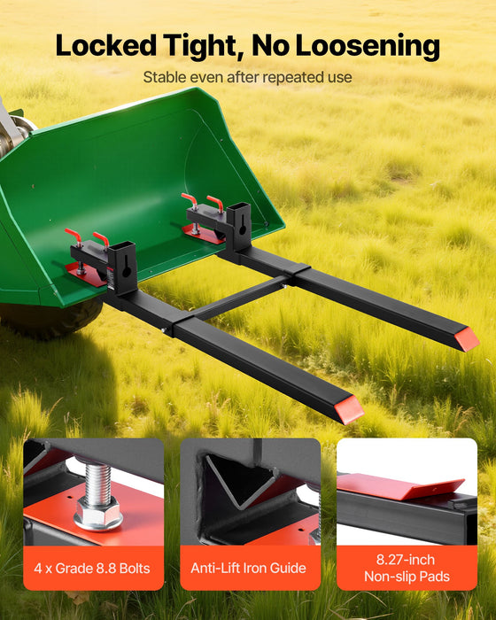 VEVOR Pallet Forks, 1814 kg Clamp on Pallet Forks, 149 cm Total Length Heavy-Duty Tractor Fork with Adjustable Stabilizer Bar for Tractor Attachments, Loader Bucket, and Skid Steer, Black