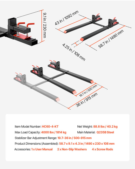 VEVOR Pallet Forks, 1814 kg Clamp on Pallet Forks, 149 cm Total Length Heavy-Duty Tractor Fork with Adjustable Stabilizer Bar for Tractor Attachments, Loader Bucket, and Skid Steer, Black