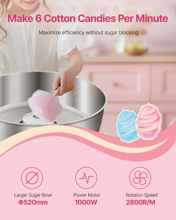 VEVOR Electric Cotton Candy Machine, 1000W Commercial Candy Floss Maker with 52cm Stainless Steel Bowl, Sugar Scoop, and Drawer, Easy Home Use, Perfect for Kids Birthday, Family Party, Pink