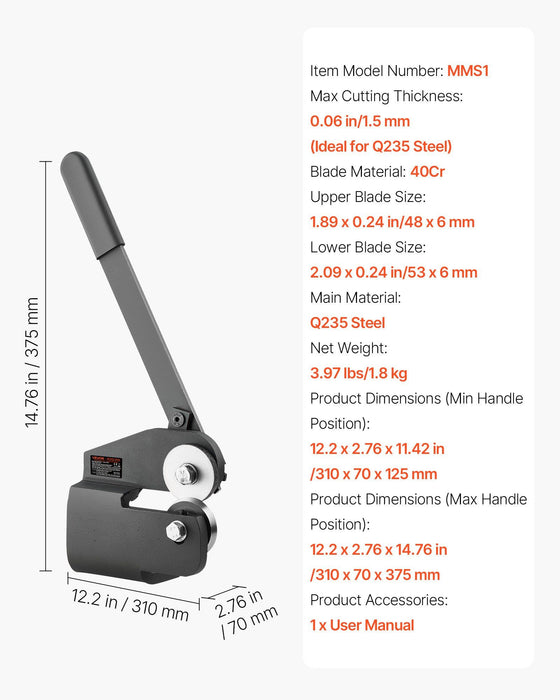 Sheet Metal Shear, Throatless Rotary Hand Shear, 16 Gauge Mild Steel Sheet Cutter with 1.5 mm Capacity, with Solid Construction, Mounting Type, for Cutting Steel, Copper, Rebar, and Aluminum