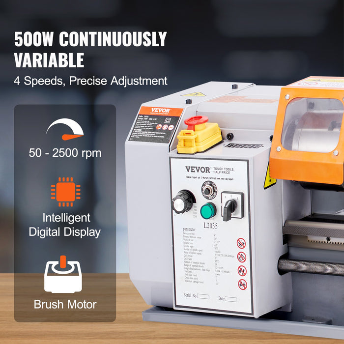 VEVOR Metal Lathe Machine, 200 mm x 350 mm, Precision Benchtop Power Metal Lathe, 50-2500 RPM Continuously Variable Speed, 600W Brush Motor Metal Gears, with Tool Box for Processing Precision Parts