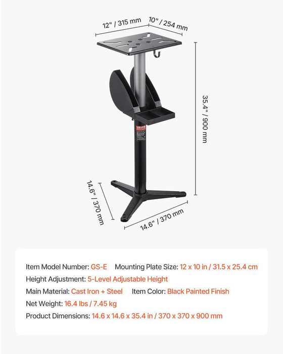 Bench Grinder Stand, Bench Grinder Vise Floor Pedestal with 31.5 x 25.4 cm Mounting Plate, Height-Adjustable Pedestal Stand with Grinding Wheel Storage Compartment & Heavy-Duty Cast Iron Base