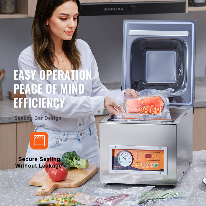 VEVOR Chamber Vacuum Sealer, 260W Sealing Power, Vacuum Packing Machine for Wet Foods, Meats, Marinades and More, Compact Size with 260 mm Sealing Length, Applied in Home Kitchen and Commercial Use
