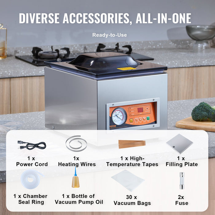 VEVOR Chamber Vacuum Sealer, 260W Sealing Power, Vacuum Packing Machine for Wet Foods, Meats, Marinades and More, Compact Size with 260 mm Sealing Length, Applied in Home Kitchen and Commercial Use