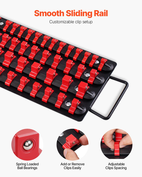 VEVOR Portable Socket Organizer Tray, 2PCS Metric & SAE Socket Organizer Set Hold up to 160 Sockets, 1/4", 3/8" and 1/2" Heavy-Duty Socket Rail with Handle & Steel Base for Tool Box Drawer