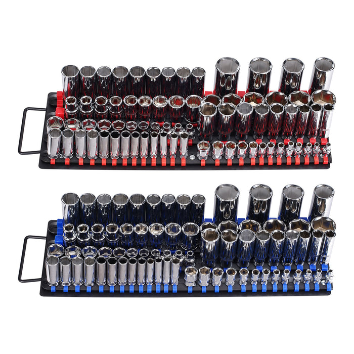VEVOR Portable Socket Organizer Tray, 2PCS Metric & SAE Socket Organizer Set Hold up to 160 Sockets, 1/4", 3/8" and 1/2" Heavy-Duty Socket Rail with Handle & Steel Base for Tool Box Drawer
