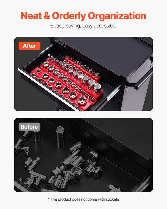 VEVOR Magnetic Socket Organizer Set, 3PCS Magnetic Socket Holder, 1/4'', 3/8'' & 1/2'' SAE Socket Trays with Clear Labels, Hold up to 68PCS Standard & Deep Sockets, Red (Sockets Not Included)