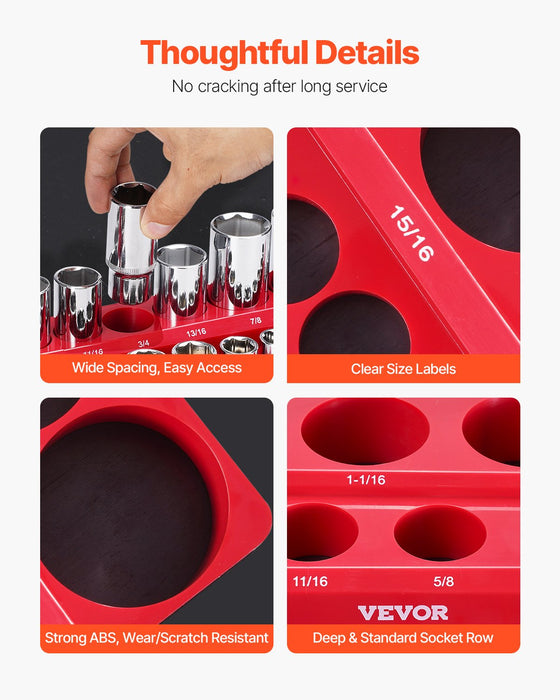 VEVOR Magnetic Socket Organizer Set, 3PCS Magnetic Socket Holder, 1/4'', 3/8'' & 1/2'' SAE Socket Trays with Clear Labels, Hold up to 68PCS Standard & Deep Sockets, Red (Sockets Not Included)