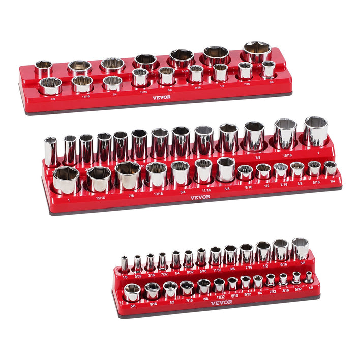 VEVOR Magnetic Socket Organizer Set, 3PCS Magnetic Socket Holder, 1/4'', 3/8'' & 1/2'' SAE Socket Trays with Clear Labels, Hold up to 68PCS Standard & Deep Sockets, Red (Sockets Not Included)