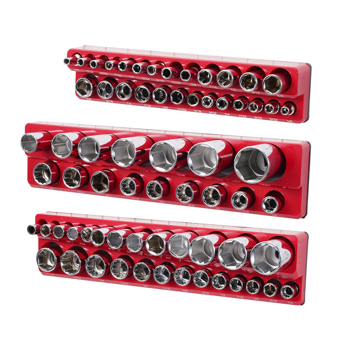 VEVOR Magnetic Socket Organizer Set, 3PCS Magnetic Socket Holder, 1/4'', 3/8'' & 1/2'' SAE Socket Trays with Clear Labels, Hold up to 68PCS Standard & Deep Sockets, Red (Sockets Not Included)
