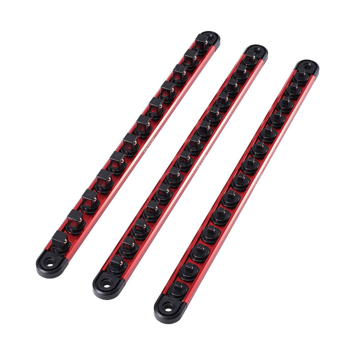 VEVOR Socket Organizer Rail Set, 3PCS Metric & SAE Aluminum Socket Organizers, 1/4'', 3/8'' & 1/2'' Heavy-Duty Socket Holder with 360° Rotating Clips for Tool Box, Hold up to 40 Sockets, Red & Black