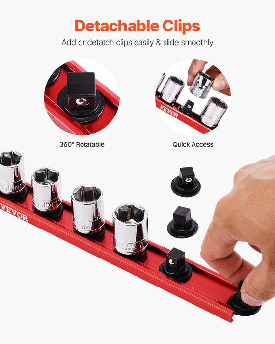 VEVOR Socket Organizer Rail Set, 3PCS Metric & SAE Aluminum Socket Organizers, 1/4'', 3/8'' & 1/2'' Heavy-Duty Socket Holder with 360° Rotating Clips for Tool Box, Hold up to 40 Sockets, Red & Black