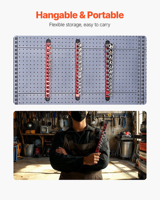 VEVOR Socket Organizer Rail Set, 3PCS Metric & SAE Aluminum Socket Organizers, 1/4'', 3/8'' & 1/2'' Heavy-Duty Socket Holder with 360° Rotating Clips for Tool Box, Hold up to 40 Sockets, Red & Black