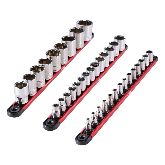 VEVOR Socket Organizer Rail Set, 3PCS Metric & SAE Aluminum Socket Organizers, 1/4'', 3/8'' & 1/2'' Heavy-Duty Socket Holder with 360° Rotating Clips for Tool Box, Hold up to 40 Sockets, Red & Black