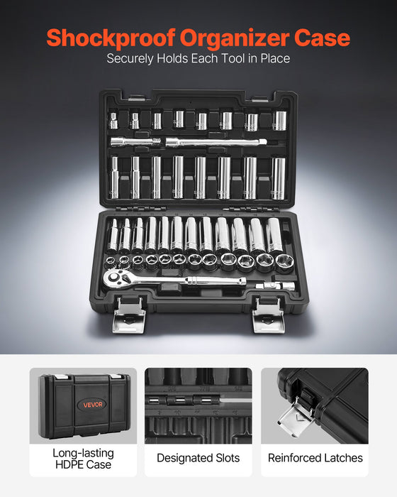 VEVOR Socket Set, 44 Pieces, 9.5 mm Drive Socket and Ratchet Set, SAE and Metric, Deep and Shallow, Mechanic Tool Kit with Accessories and Storage Case, CR-V Alloy Steel, for Automotive Repair