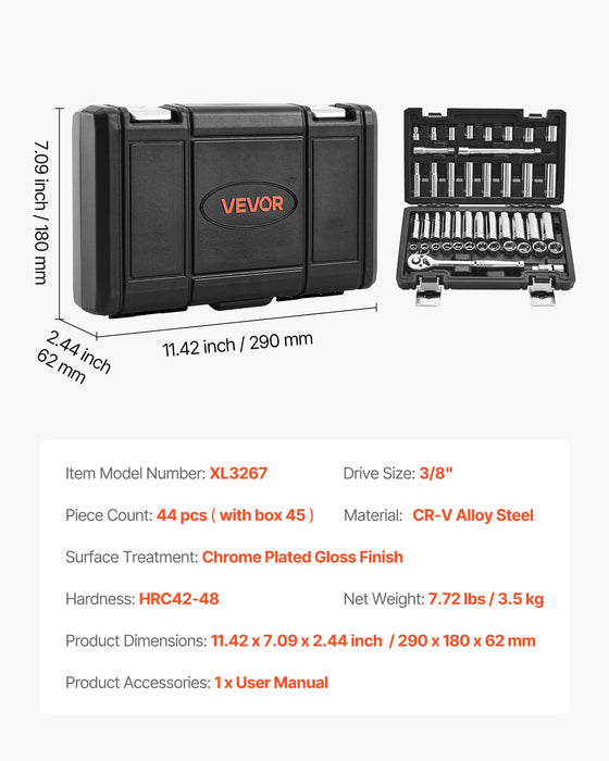 VEVOR Socket Set, 44 Pieces, 9.5 mm Drive Socket and Ratchet Set, SAE and Metric, Deep and Shallow, Mechanic Tool Kit with Accessories and Storage Case, CR-V Alloy Steel, for Automotive Repair