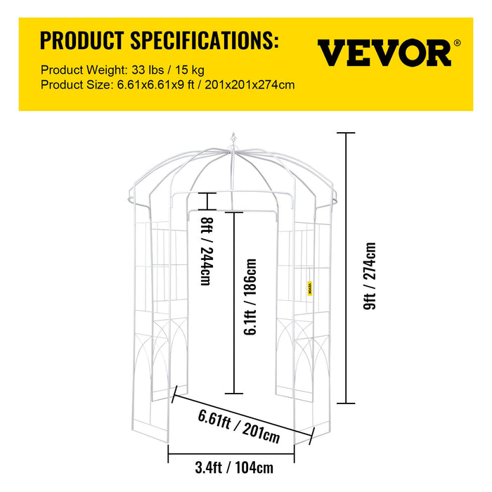 VEVOR Birdcage Shape Garden Arbor, 9\' High x 6.6\' Wide, Heavy Duty Wrought Iron Arbor, Wedding Arch Trellis for Climbing Vines in Outdoor Garden, Lawn, Backyard, Patio, White