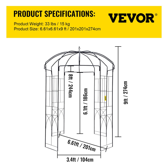 VEVOR Birdcage Shape Garden Arbor, 9\' High x 6.6\' Wide, Heavy Duty Wrought Iron Arbor, Wedding Arch Trellis for Climbing Vines in Outdoor Garden, Lawn, Backyard, Patio, Black