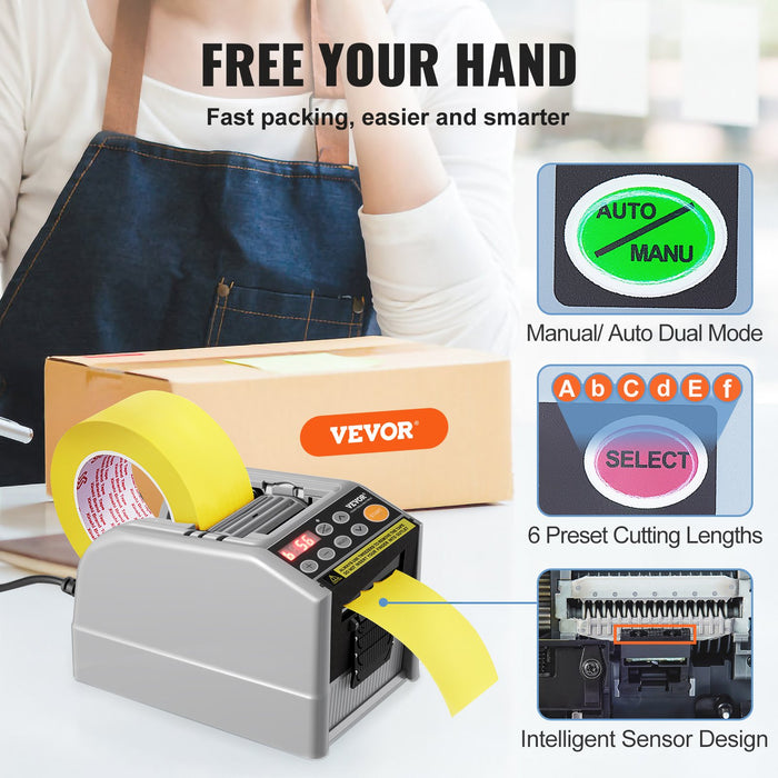 VEVOR Automatic Tape Dispenser, Self-Adhesive Electric Tape Cutter, 25 W Packaging Machine, Tape Cutter, 6-60 mm Tape Width, Electric Tape Cutter Packaging Machine