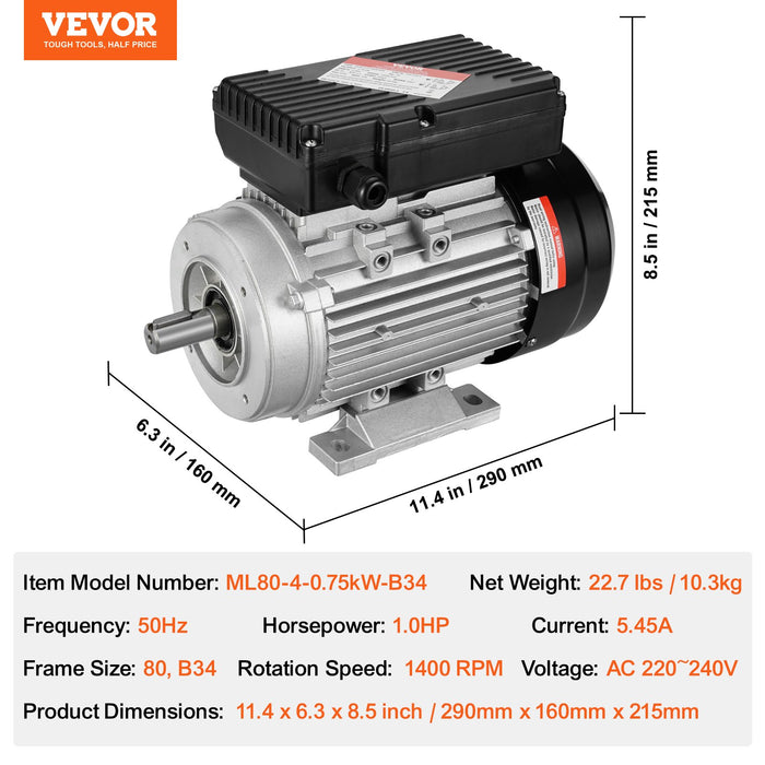 VEVOR 0.75KW Electric Motor 1400 rpm, AC 220~240V 5.45A, 80, B34 Frame, Air Compressor Motor Single Phase, 19mm Keyed Shaft, CW/CCW Rotation for Agricultural Machinery and General Equipment
