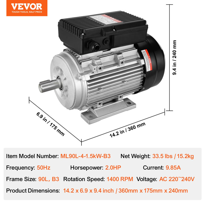 VEVOR 1.5KW Electric Motor 1400 rpm, AC 220~240V 9.85A, 90L, B3 Frame, Air Compressor Motor Single Phase, 24mm Keyed Shaft, CW/CCW Rotation for Agricultural Machinery and General Equipment
