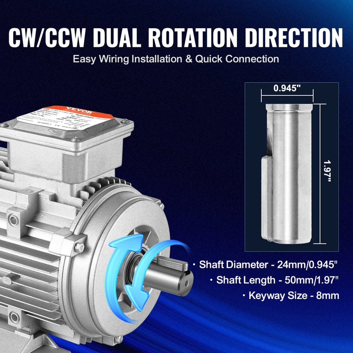 VEVOR 2.2KW Electric Motor 2890 rpm, AC 400V 4.7A, 90L, B3 Frame, Air Compressor Motor 3-Phase, 24mm Keyed Shaft, CW/CCW Rotation for Agricultural Machinery and General Equipment