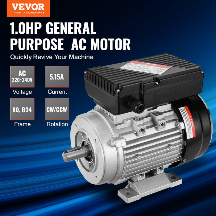 VEVOR 0.75KW Electric Motor 2850 rpm, AC 220~240V 5.15A, 80, B34 Frame, Air Compressor Motor Single Phase, 19mm Keyed Shaft, CW/CCW Rotation for Agricultural Machinery and General Equipment