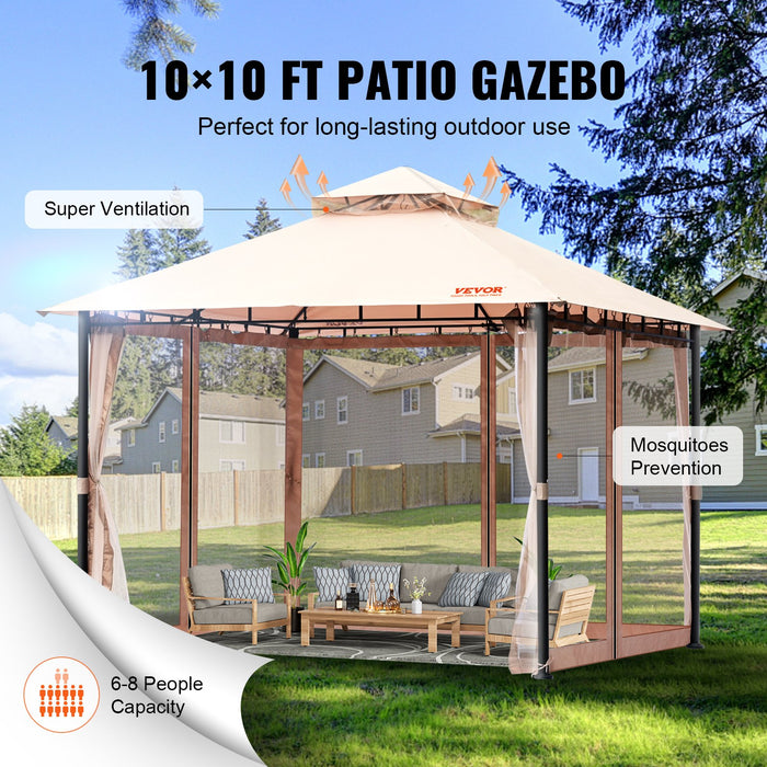 VEVOR Patio Gazebo for 6-8 Person, 3.05 x 3.05 m Backyard Gazebo, with Mosquito Netting, Metal Frame, and PU Coated 180G Polyester, Outdoor Canopy Shelter for Patio, Backyard, Lawn, Garden, Deck