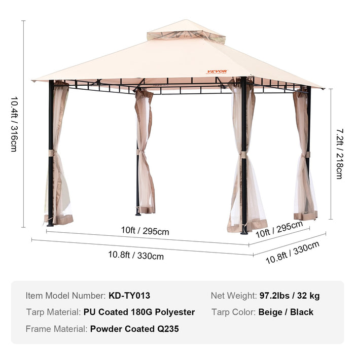 VEVOR Patio Gazebo for 6-8 Person, 3.05 x 3.05 m Backyard Gazebo, with Mosquito Netting, Metal Frame, and PU Coated 180G Polyester, Outdoor Canopy Shelter for Patio, Backyard, Lawn, Garden, Deck