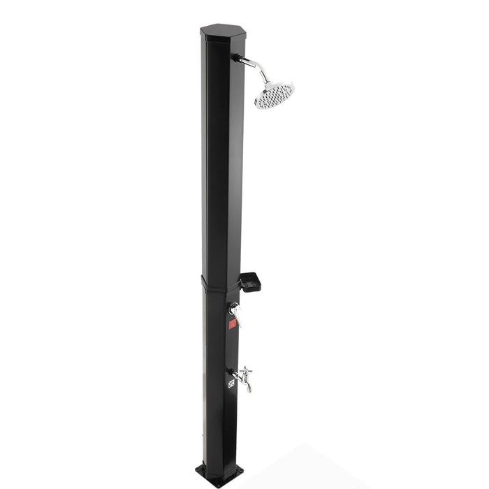 35L Solar Heated Shower, 195cm Showerhead Height Outdoor Shower, with Foot Faucet & Soap Box Rack, Hot & Cold Water Adjustment, Freestanding for Backyard Poolside Beach Pool,Black